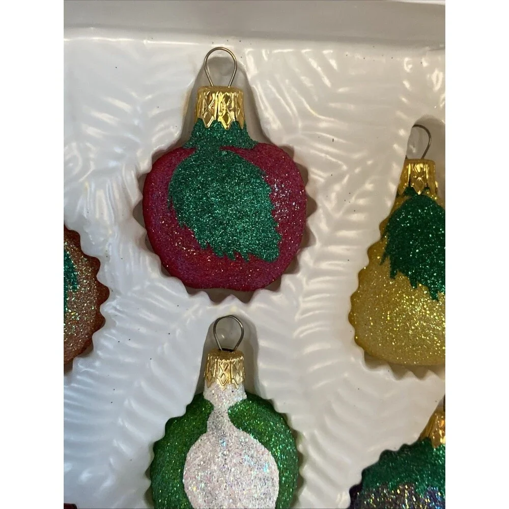 Vintage Christmas Glass Fruit Ornament Set of 6 Glittered 2002 Target Pear Apple